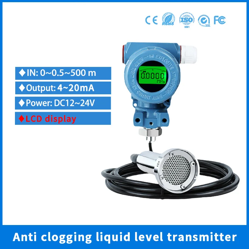 

4-20mA Anti-Clogging Level Transmitter LCD Display 5m 10m Range Liquid Level Sensor Sewage Tank Dirty Water Level Gauge