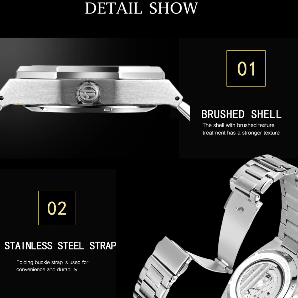 FORSINING Trendy Polygon Men Watch Rhinestone Skeleton Automatic Mechanical Watch Stainless Steel Formal Business Man Wristwatch