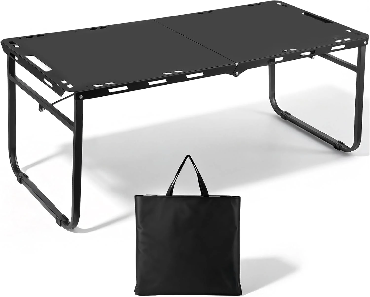 Low-profile camping table, double piston air spring folding table, with storage bag, suitable for outdoor use and camping