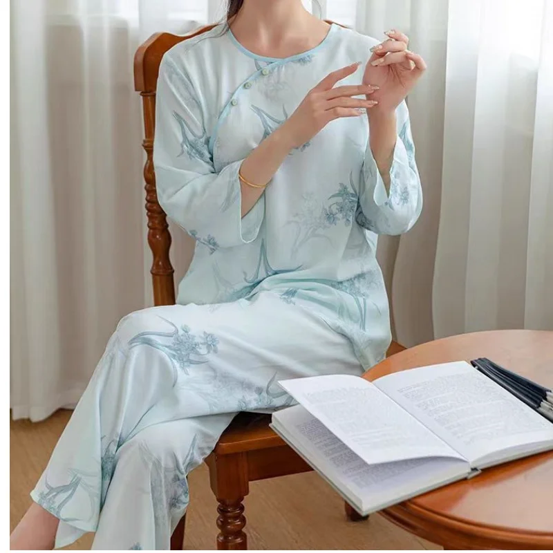 

Autumn Pajama Sets Three-quarter Sleeves Sleepwear Women Two-piece Chinoiserie Printing Trousers Sets Spring Thin Pijama Mujer