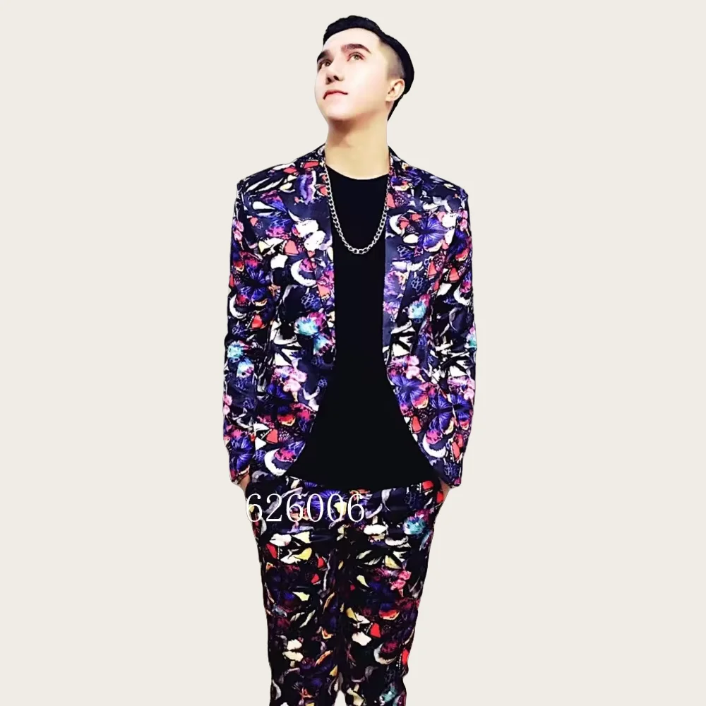 Personality Men's Fashion Butterfly Flower Printed Suit Costumes Nightclub Male DJ dragon GD styles male singer suits
