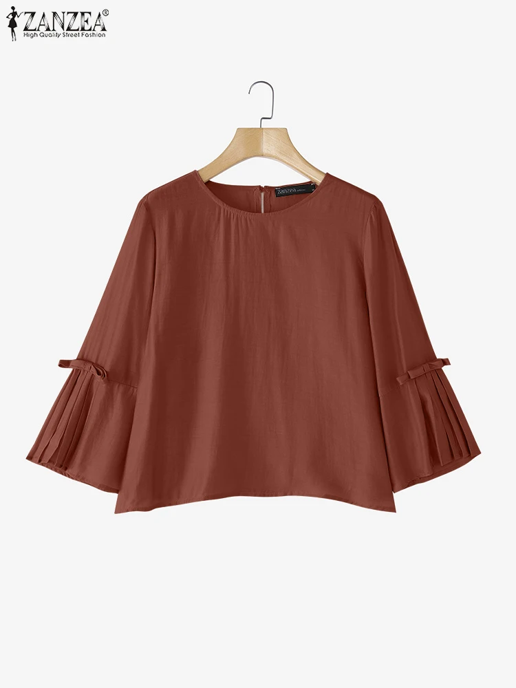 

ZANZEA Fashion Tops 2025 Women Summer 3/4 Sleeve Bow Casual Solid Color Blouse Pleated Shirts Casual Loose Tunic Office Blusas
