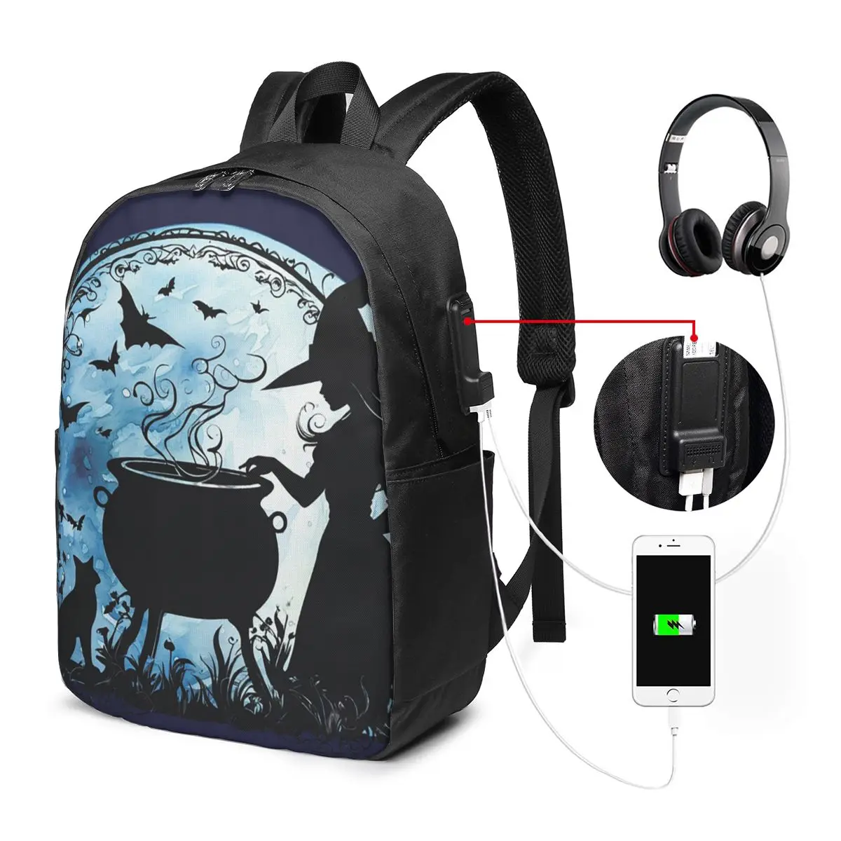 Enchanting Witch And Cat Fantasy Potion Backpack Travel Notebook Bag Computer College Student School Bag Laptop Shoulder Bags