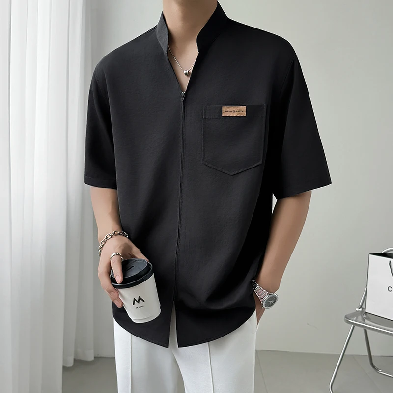 

Summer Vintage V-neck Shirt Men Invisible Zipper Ice Silk Casual Business Shirt White Black Versatile Social Streetwear T-shirts