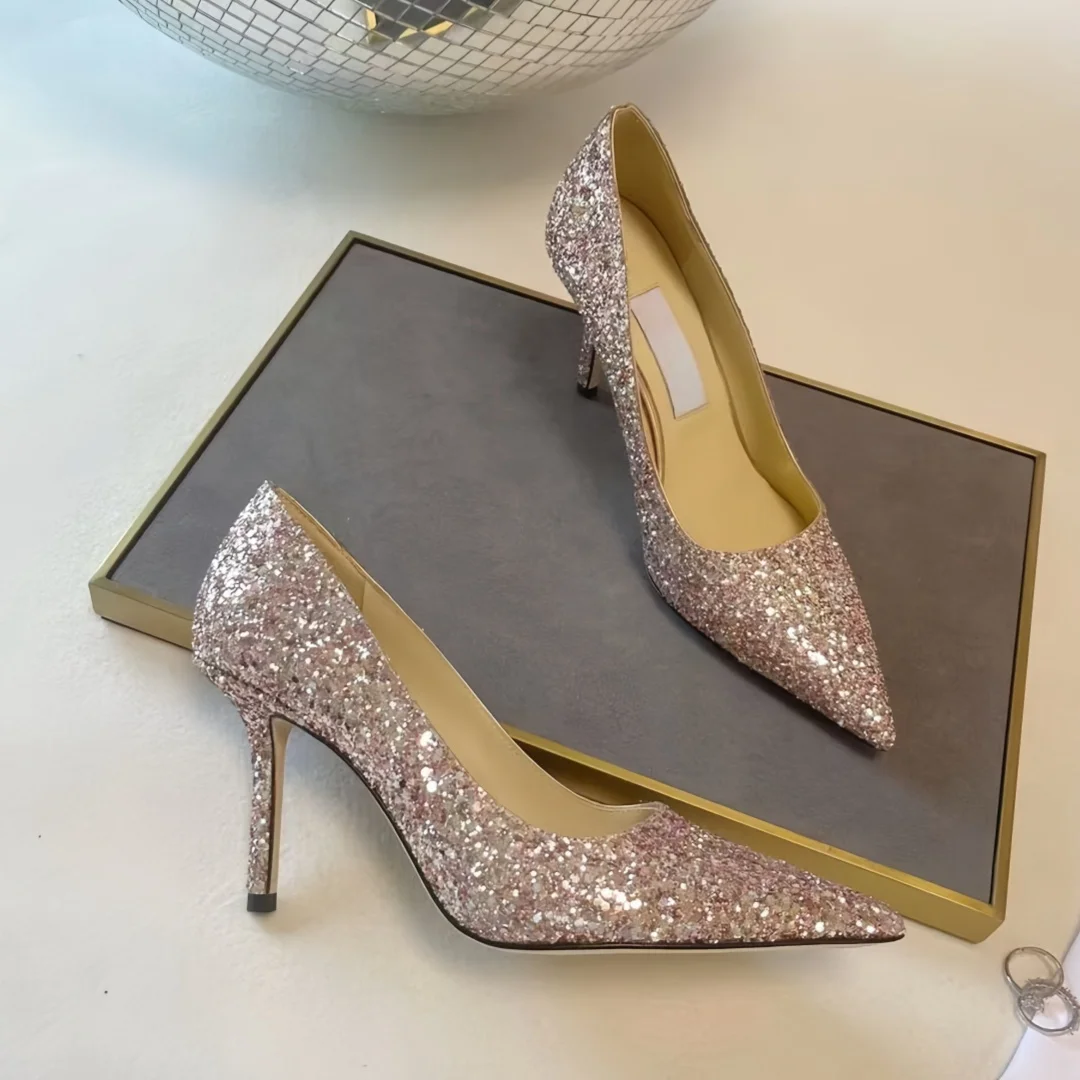 

2024New High Quality Glitter Embellished High Heel Shoes Sexy Pointed Toe Wedding Heels for Women Thin Heels Dress Shoes Gold JC