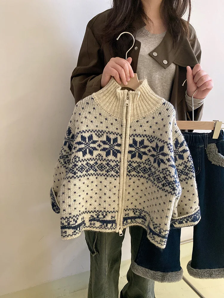 

Girls' Retro Lazy Style Knitted Sweater Cardigan Autumn Winter New Fleece Lined Patchwork Jeans Fashion Set