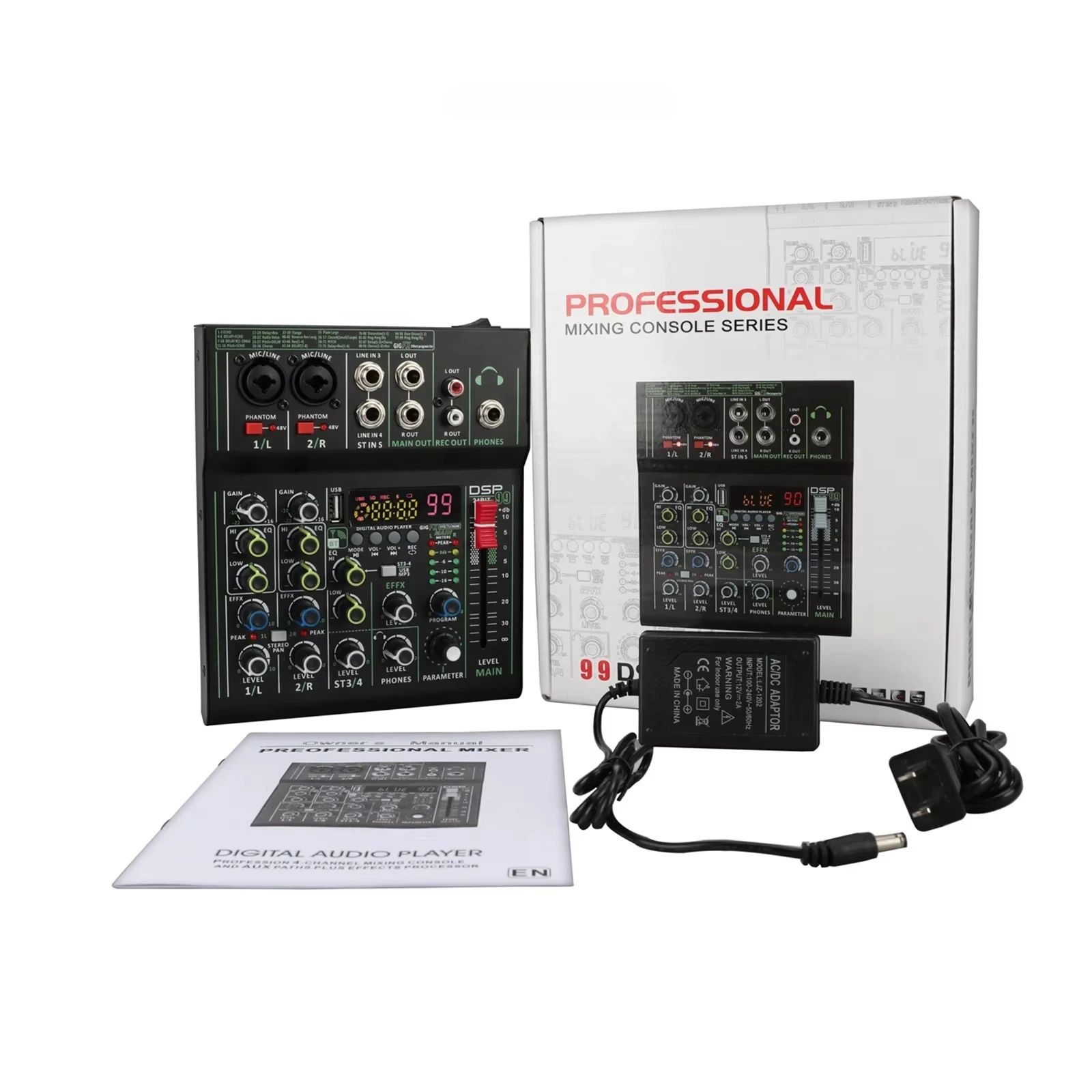 

LM4DSP 99DSP Effects 4 Channel Plastic Mini Console Audio Mixer 90-245V AC/48V Phantom Power/Bluetooth