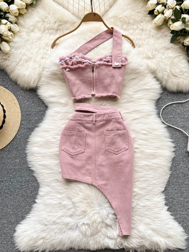 Zomer Roze Denim Sexy Vrouwen Sets Elegante Rits Bretels Tops Sjerpen Knop Pocket Onregelmatige Slash Hals Slim Tweedelige Set