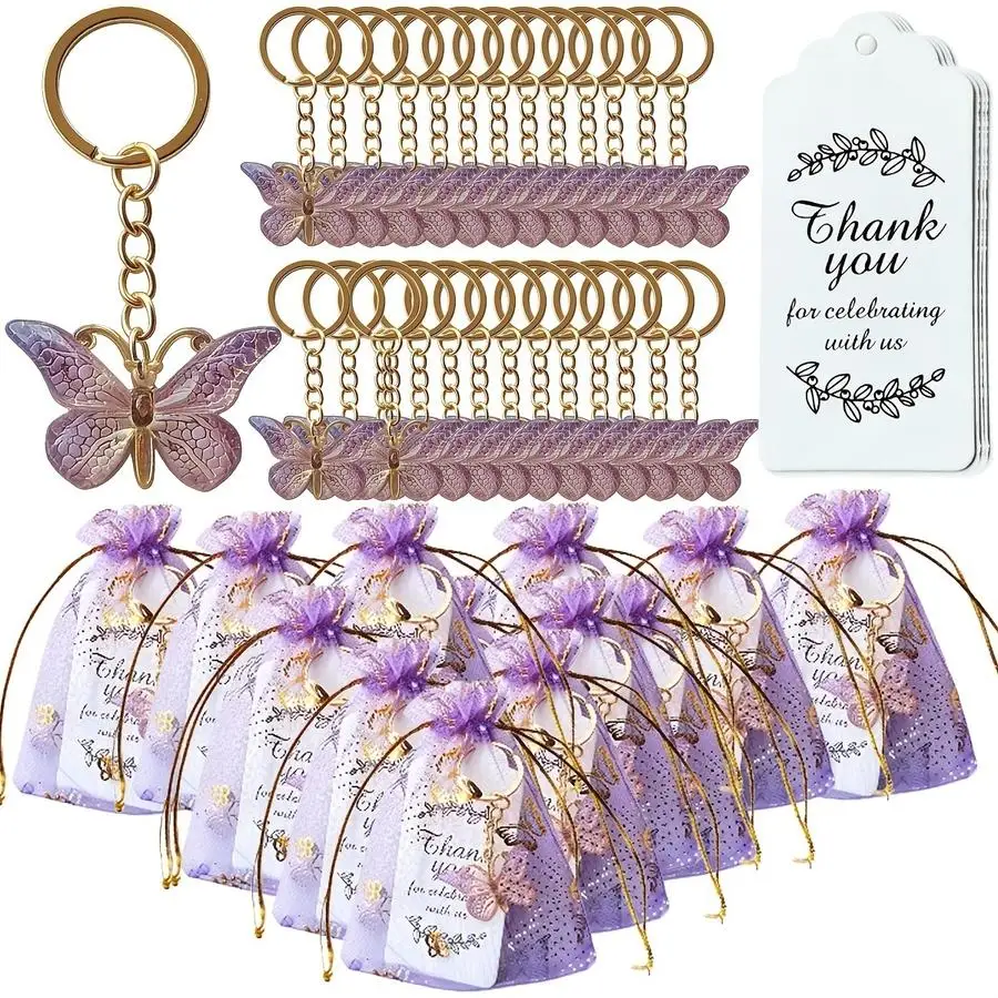 1/5/10/20/50/100pcs Gifts for Her/Him: 50 Sets/150 Pieces Butterfly Keychains, Wedding Favors with Organza Bags, Thank-You Tags,