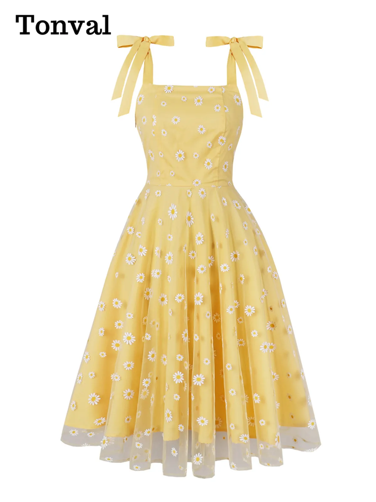 Tonval Daisy Mesh ubrania na wakacje damskie paski z kokardką sukienka bez rękawów 2025 śliczne letnie Backless bal Party Vintage żółte sukienki