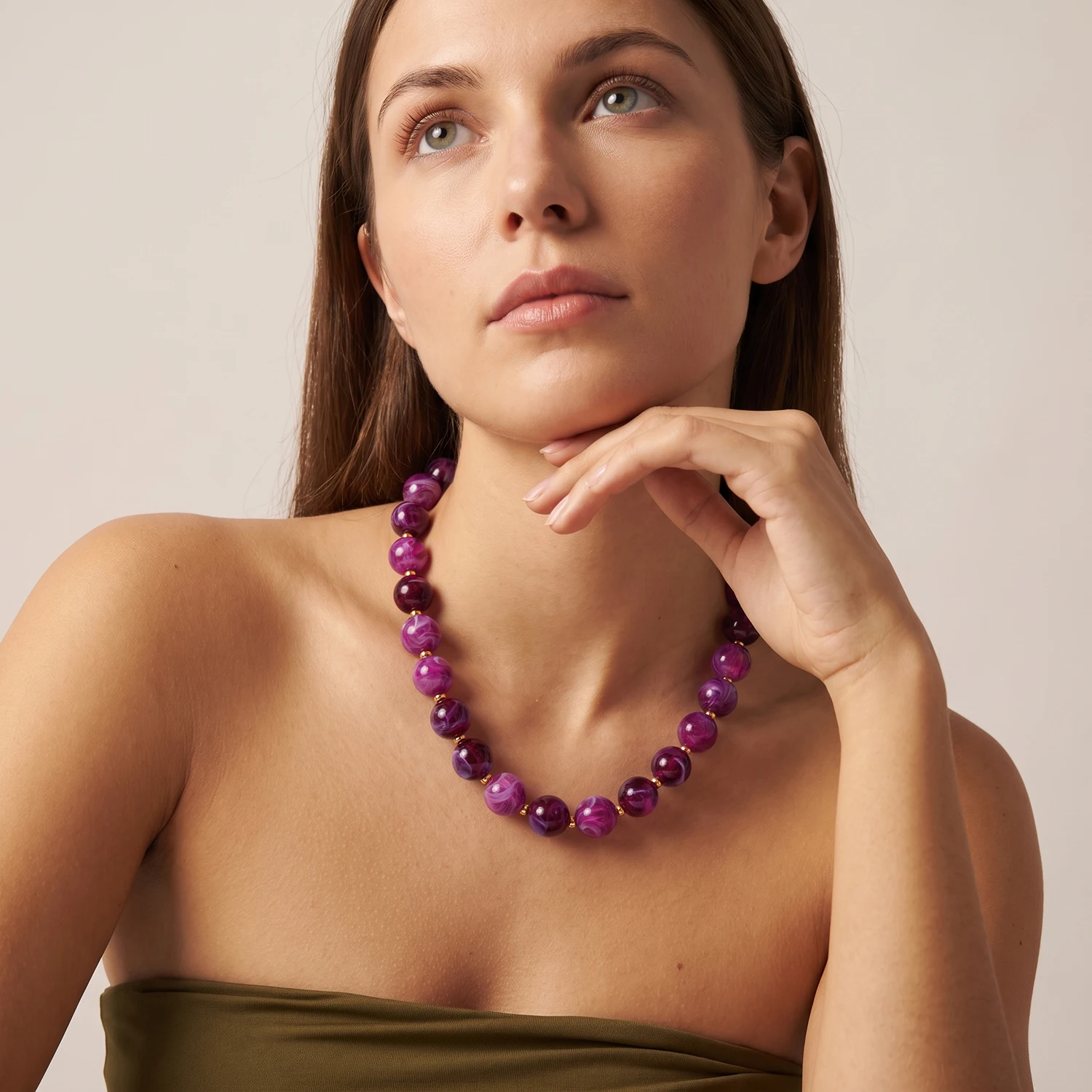 Handmade Acrylic & Stainless Steel Bead Necklace for Women, Bohemian Waterproof Statement Jewelry, Party Fall Winter Gift