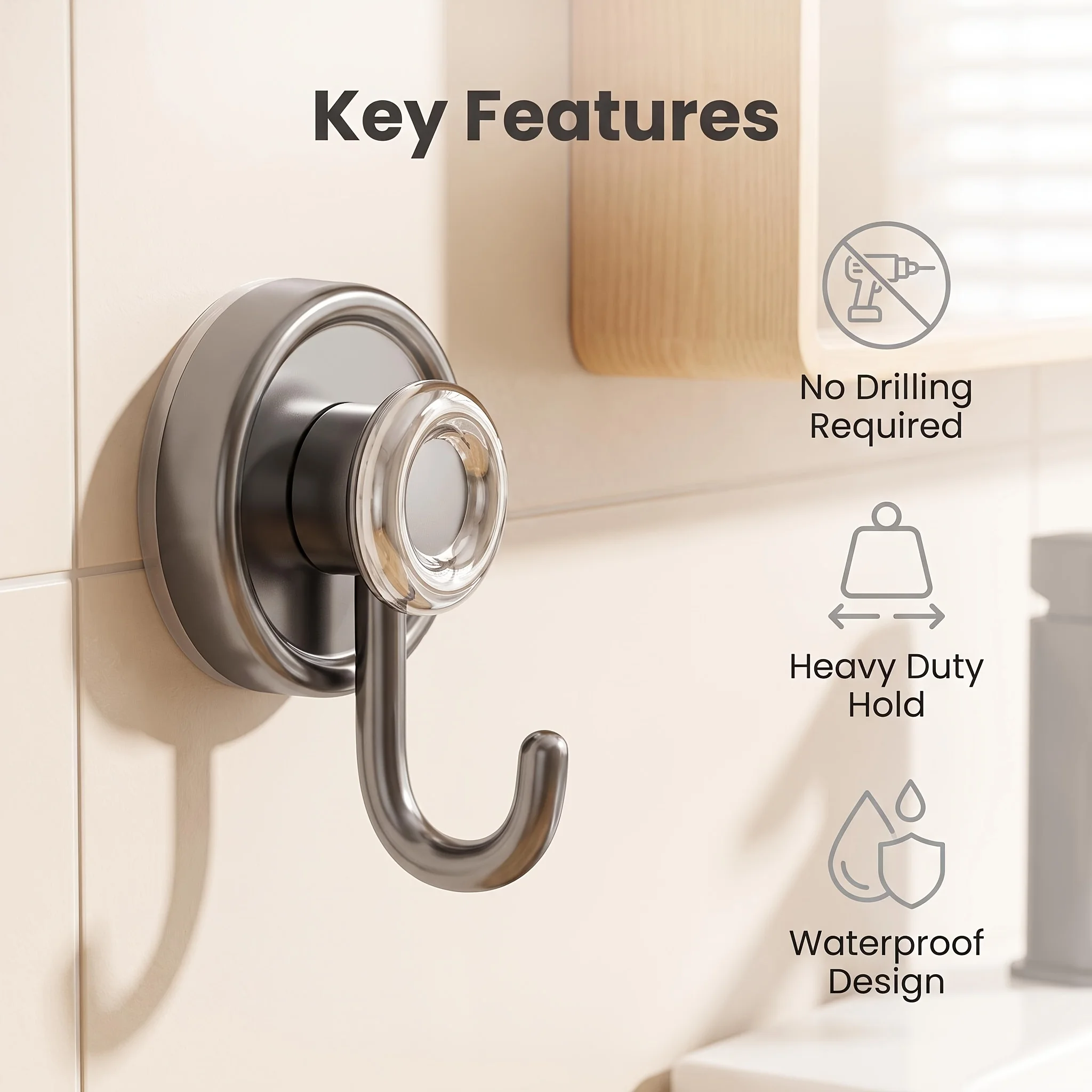 1/3pcs Matte Gunmetal Suction Cup Hooks,No-Drill Wall-Mounted Hooks, Suitable for Bathroom, Kitchen, And Entryway, Utility Hooks