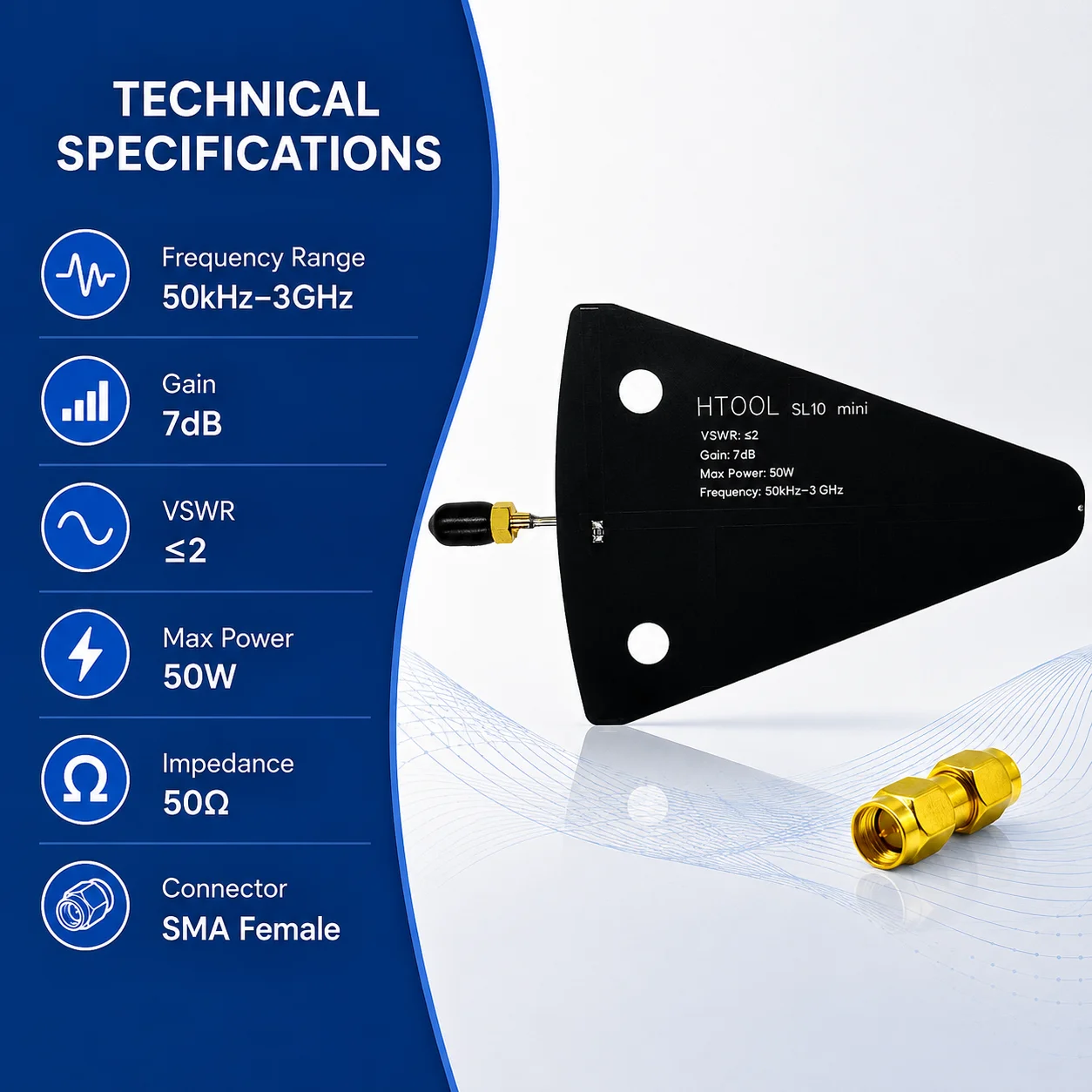 HTOOL SL10 mini Ultra Wideband Log Periodic Antenna, 50 kHz to 3 GHz, 7 dB Gain, 50 W Power, for Spectrum Analyzer and Vector Ne