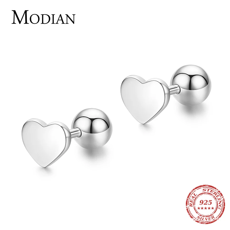 

Modian 100% реальные 925 стерлингового серебра простой сердца серьги-гвоздики модные круглые бусины Серьги для женщин, хорошее ювелирное изделие