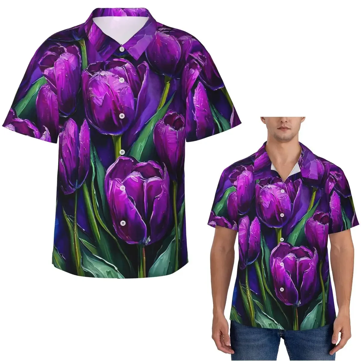 Purple Tulip Oil Painting Print Hawaiian Shirts Fashion Men Short Sleeve Shirt for Summer Beach Men's Button Tops