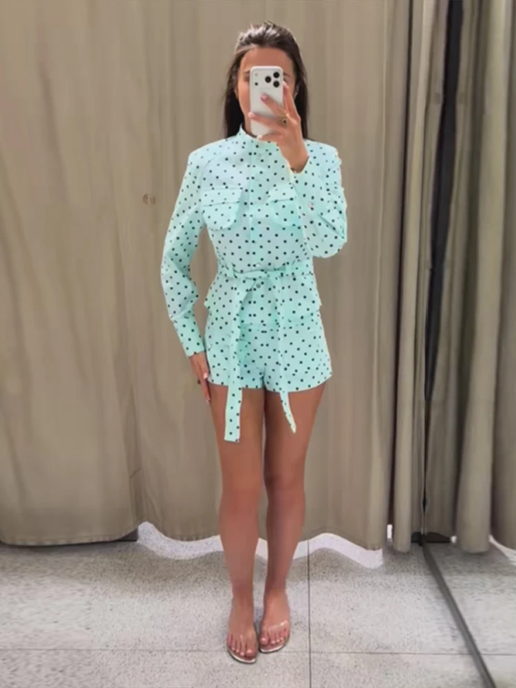 Polka Dot Shorts Set Women Stand Collar Long Sleeve Tie Waist Top High Waist Side Pockets Pants 2026 Summer Casual Chic Outfit - Image 5