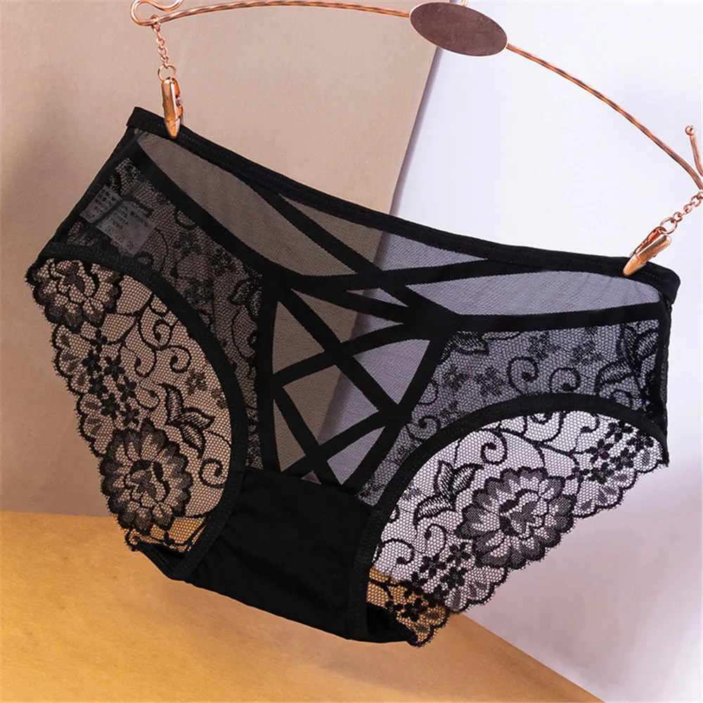 Plus Size Black Lace Hollow Out Lingerie Sexy Perspective Mid-waist Briefs Underwear Seamless Strap Breathable Panties Knicker