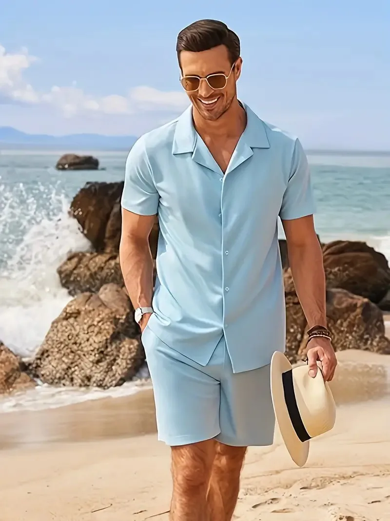 Camicia da uomo estiva tuta semplice Solid Beach manica corta camicia Casual con risvolto pantaloncini da spiaggia oversize abbigliamento Hawaii Suit