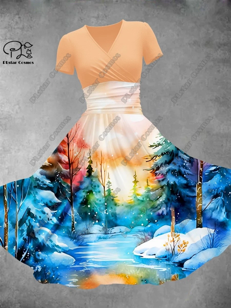 Gonna floreale stampata in 3D Serie San Valentino Abito completo con scollo a V stampato a maniche corte Gonna lunga a trapezio moda casual