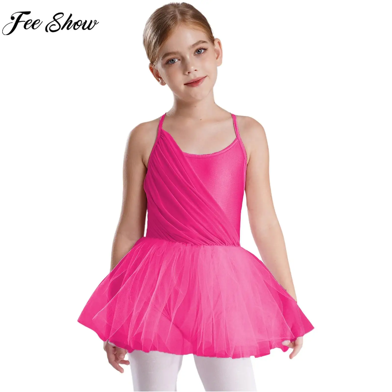 Teen Girls Ballet Dance Leotard Dress Sleeveless Ruched Mesh Layered Tutu Gymnastics Skating Dancewear Birthday Party Costume