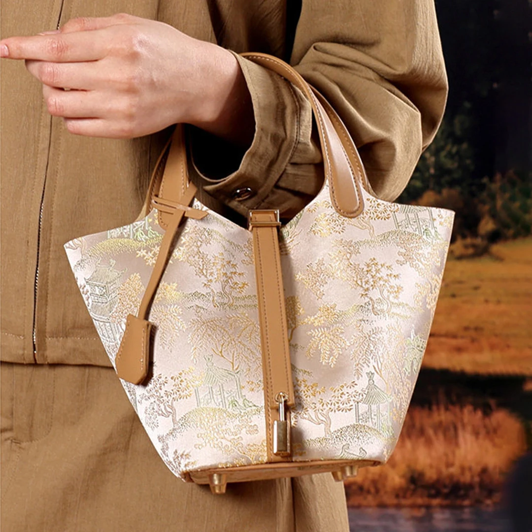 Mendy Genuine Leather Chinese Print Bucket Bag  Women Oriental Tote Drawstring Padlock Charm Metal Feet Elegant Commute Original