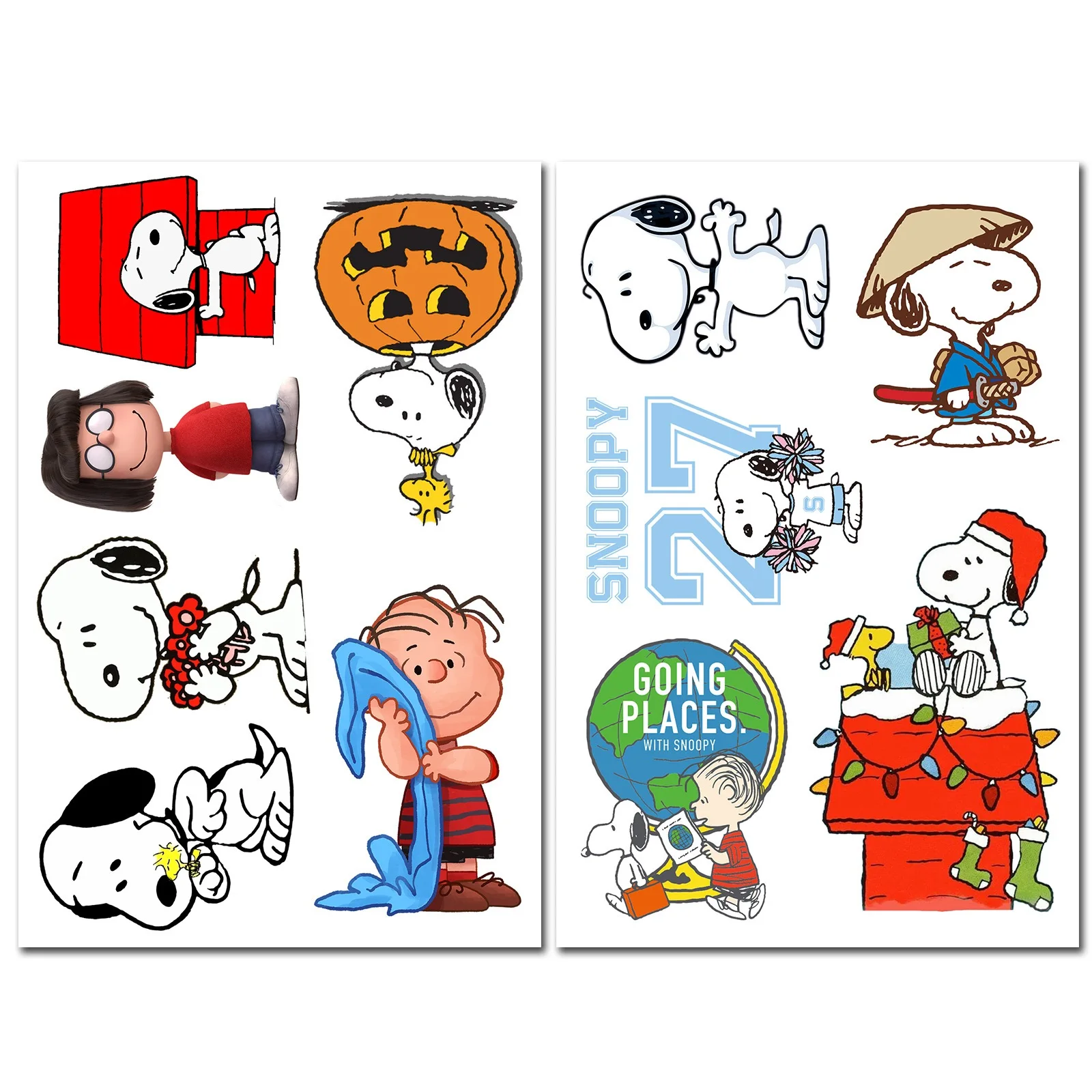 9 hojas de pegatinas de Snoopy Kawaii para monopatín, bicicleta, guitarra, portátil, papelería, teléfono, equipaje de bicicleta, pegatinas de Snoopy de maní para coche