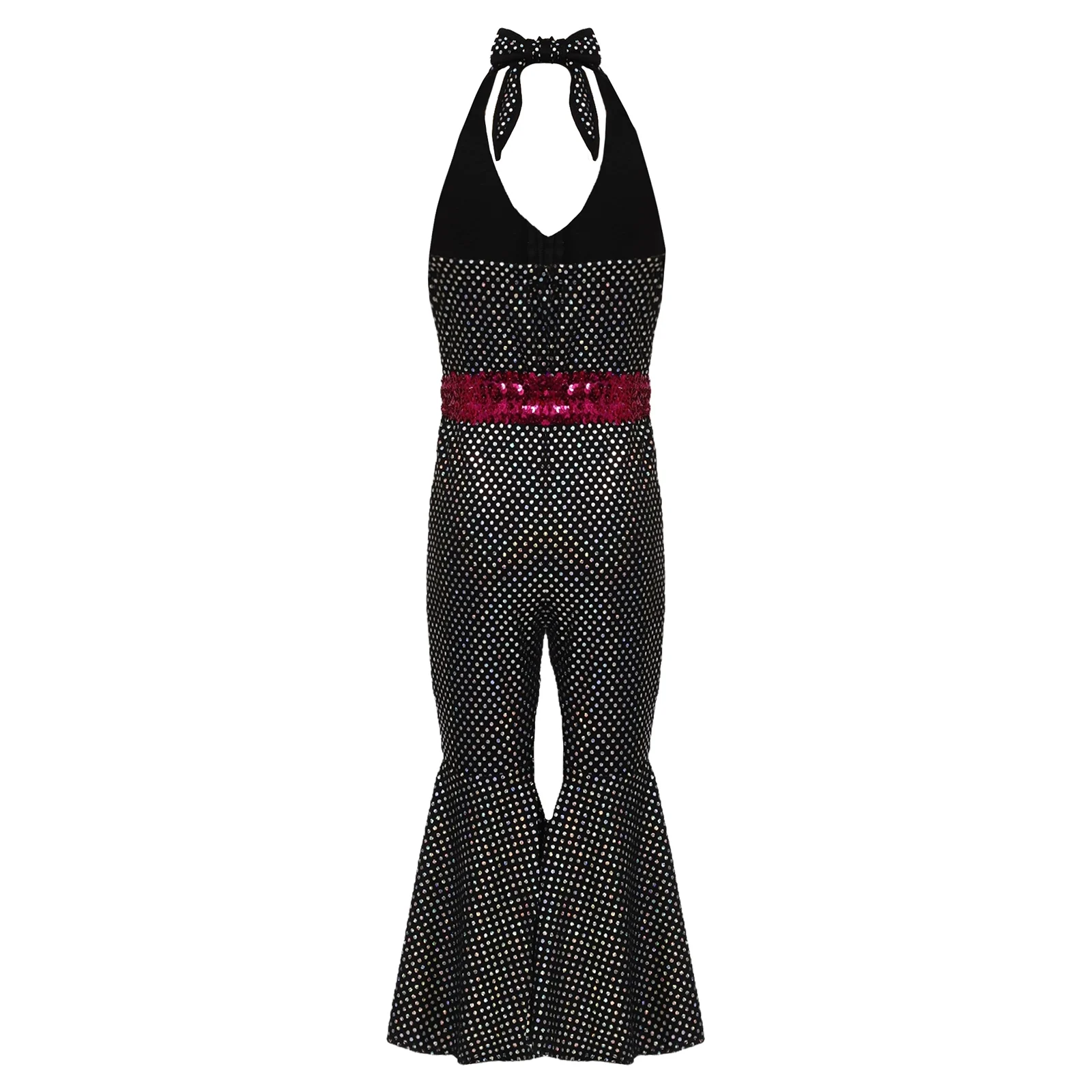 Kids Girls Retro Disco Jumpsuit Shiny Sequins Halter Sleeveless Flare Pants Bodysuit for Hippie Rave Party Stage Performance view 4