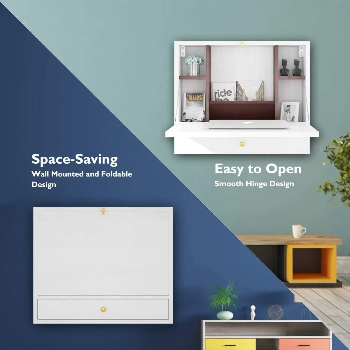 Graffy Wall Mounted Table, Multifunctional Folding Hanging Storage Cabinet, Space Saving Computer Desk W/Storage Drawer And