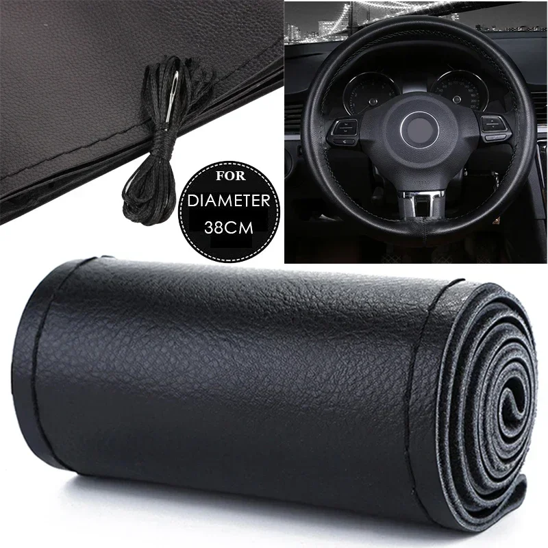 Hand Sewing Steering Wheel Cover 15in/37-38cm 1pcs Black Breathable Leather Non-slip Parts Replacement Car Truck