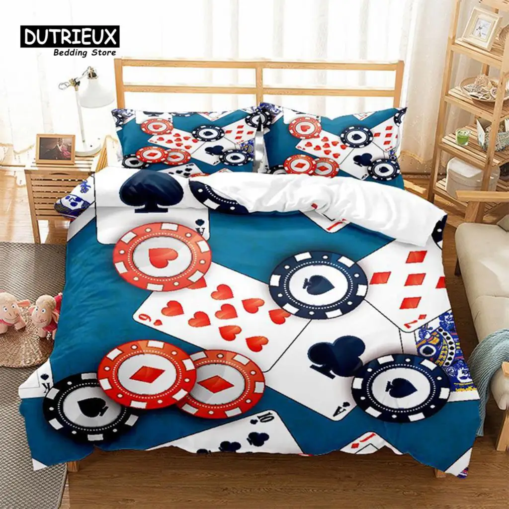 Poker Duvet Cover Dice Chips Bedding Set Playing Gambling Poker Card Game Leisure Theme Quilt Cover With Pillowcases Room Decor