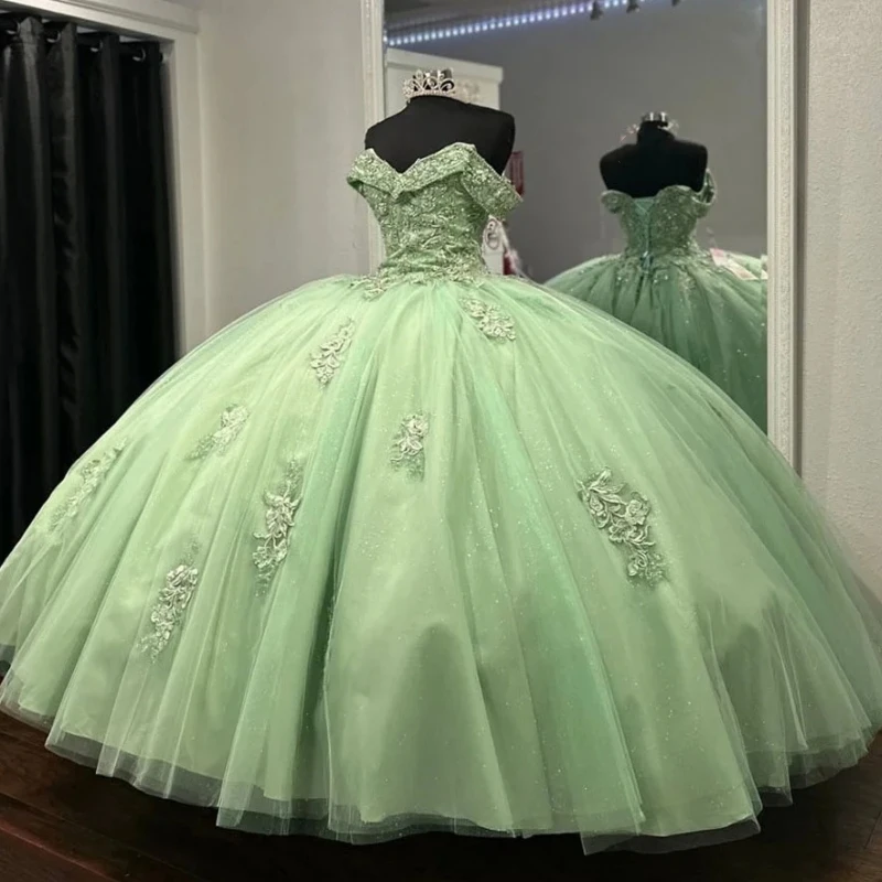 Personalizado Luz Verde Quinceanera Vestidos Para 15 16 Meninas Cap Sleeve Lace Applique Bow Puffy Prom Party Vestidos De 15 Años