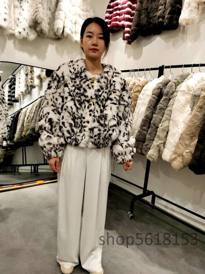 New one leopard print real fur all-in-one warm rabbit fur stitching short loose Coat