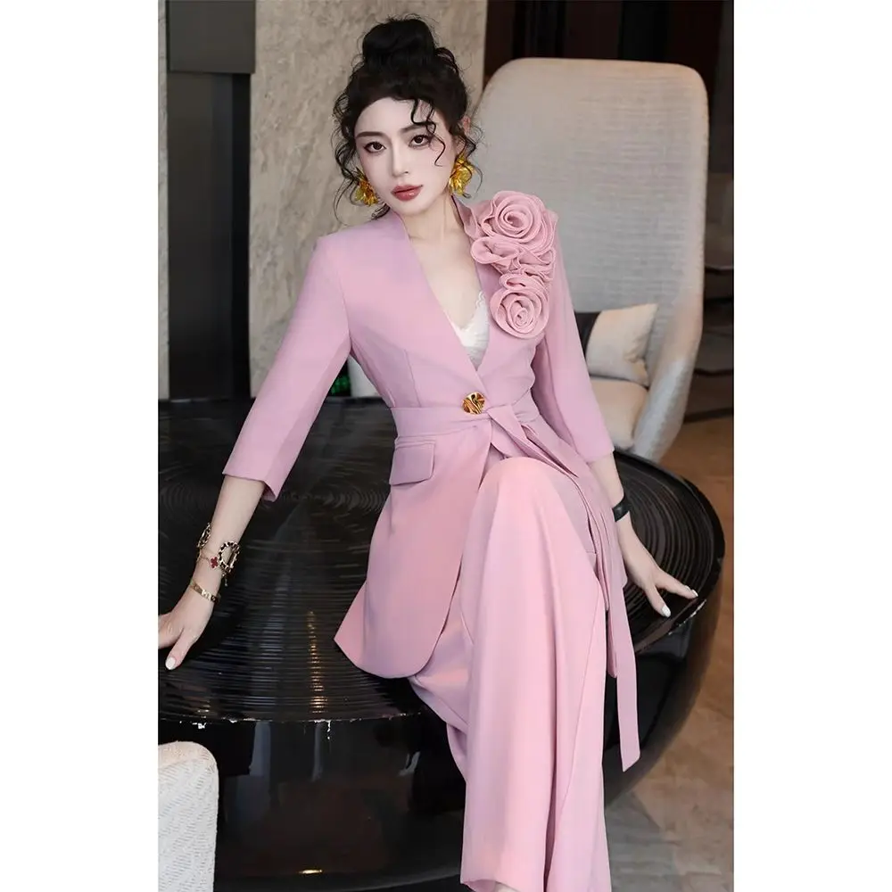 

High-End Commuter Summer New 3D Flower Tie up Slim Fit Suit Blazer Straight Wide-Leg Pants Pink Two-Piece Set Women Outfits