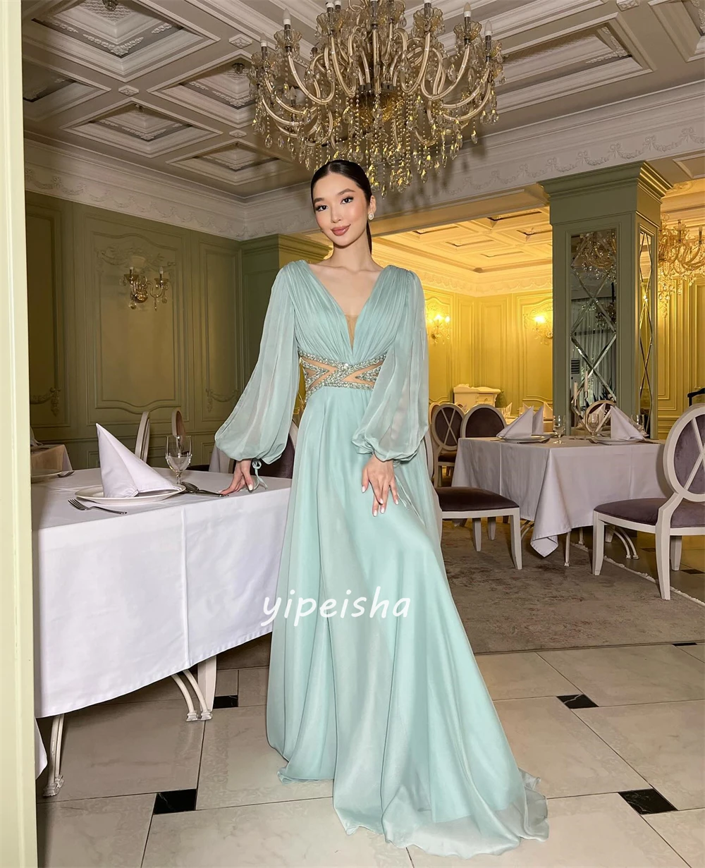 Customized Exquisite Chiffon Sequined Criss-Cross Rhinestone A-line V-neck Long Dresses Prom Dresses Classic Modern Style Elegan