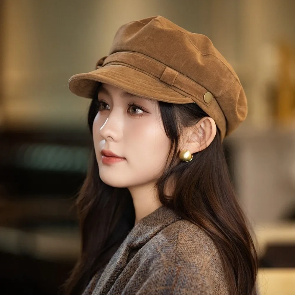 Casual Short Brim Suede Berets Flat Top Windproof Artist Hat Warm Korean Style Newsboy Hat Girls
