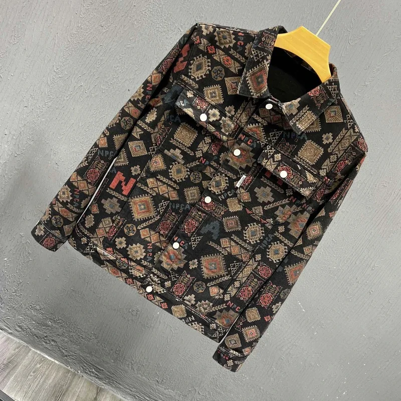 Fashionable Casual Men's Printed Denim Jacket Autumn Spring Trendy Retro Style Standard Fit Long Sleeve Button up Jacket