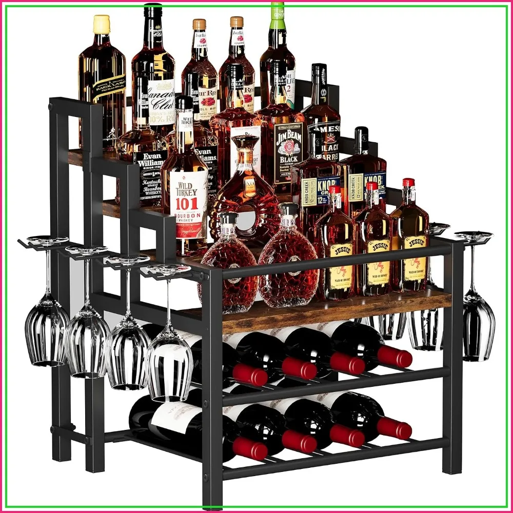 6-Tier Wine Rack Holds 24 Bottles, 8 Glass Holders, Mini Bar for Countertop