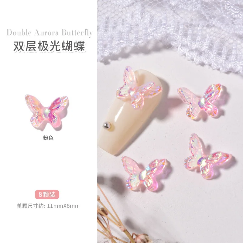 20 sztuk Aurora kolorowe podwójne skrzydła motyl Nail Art Charms 3D 11*8mm motylkowe akcesoria do dekoracji paznokci DIY Kawaii figurki do paznokci