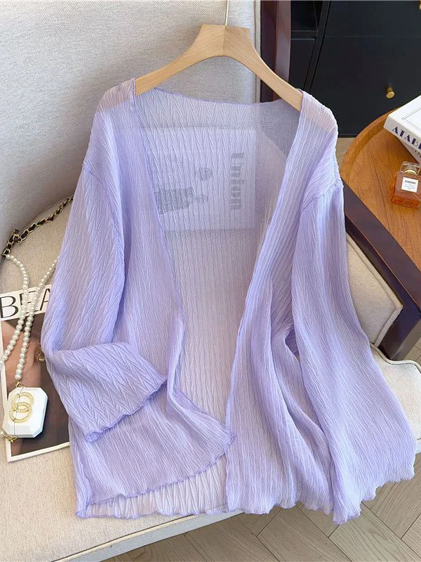 plus Size Women's Summer Thin Cardigan Outerwear Loose Fit Pleated Design Open Front Jacket Versatile Top Breathable Polyester
