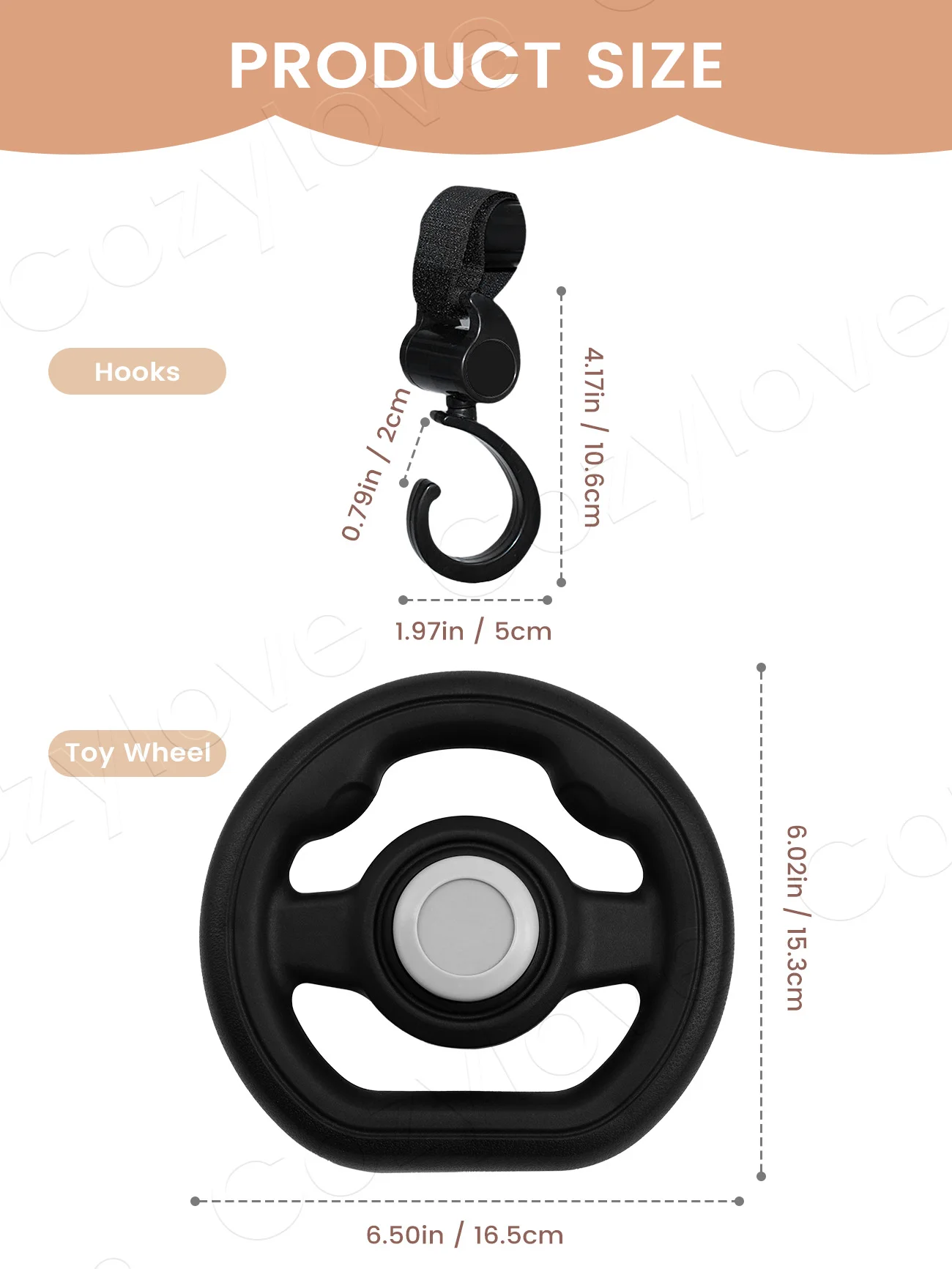 Baby Stroller Steering Wheel Toy with 2Pcs Hooks, Toddler Pretend Driving Simulation Toy, Universal Baby Stroller Accessory Set