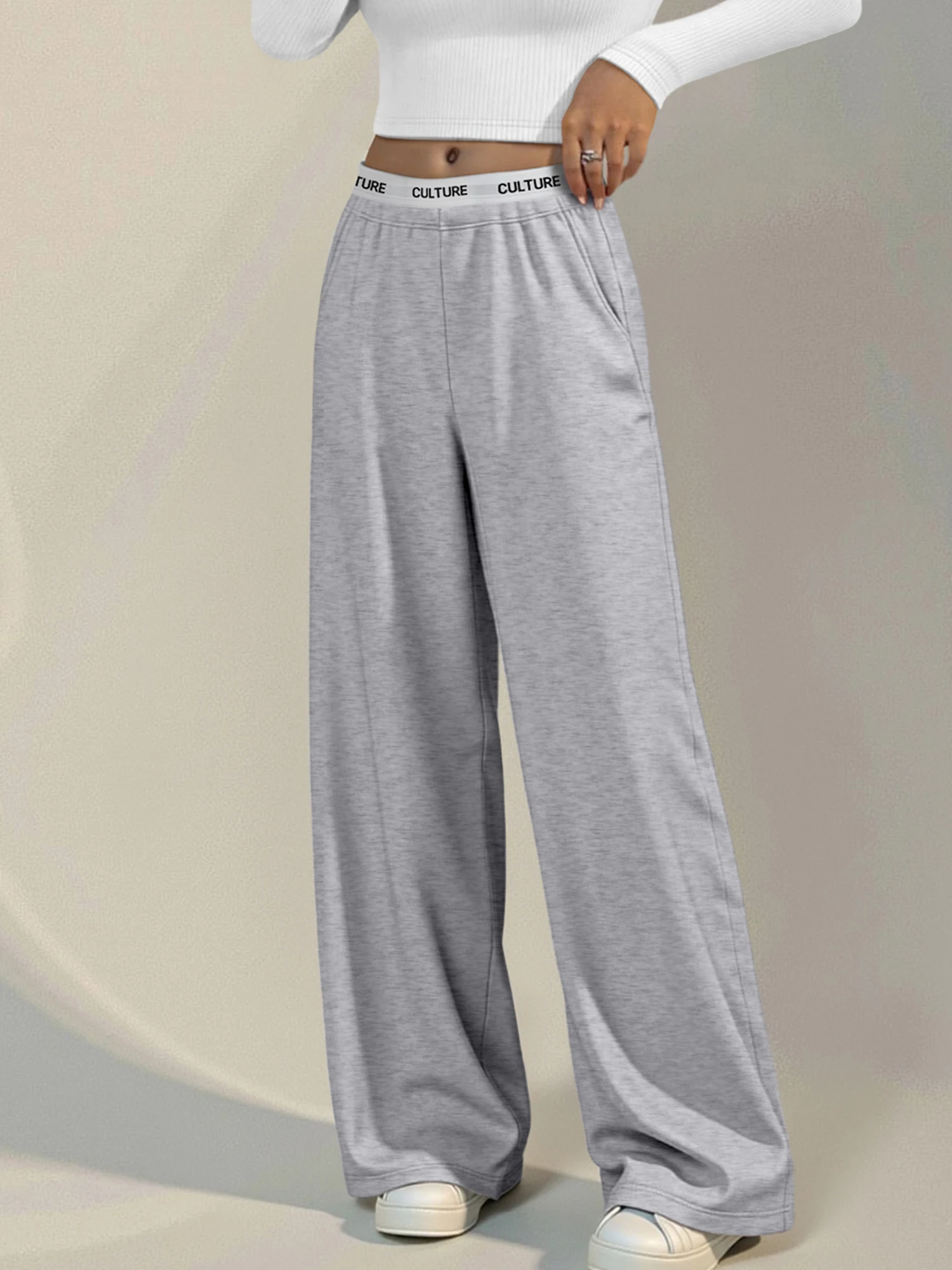 ベストセラー レディース ワイドレッグ スウェットパンツ ハイウエスト 快適 カジュアルパンツ ポケット付き