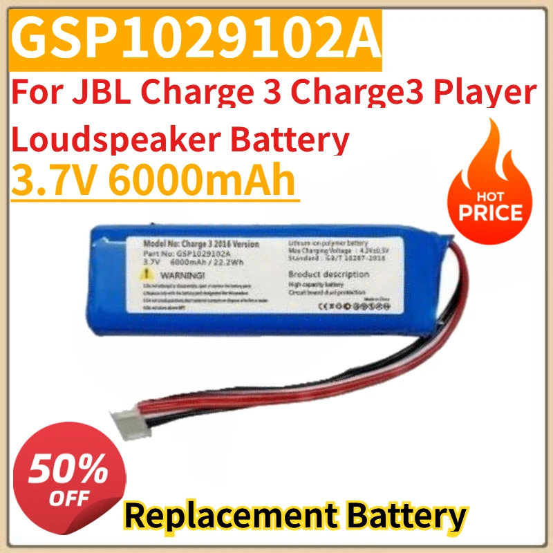 

New 3.7V 6000mAh Speaker Replacement Battery GSP1029102A For JBL Charge 3 Charge3 Player Loudspeaker Battery