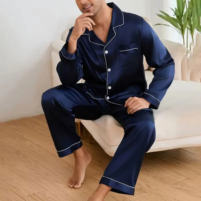 Men\'s Satin Pajama Set Linter Lapel Collar Long Sleeve Tops & Pants Sleepwear Button Down Loungewear Christmas Pyjama For Man