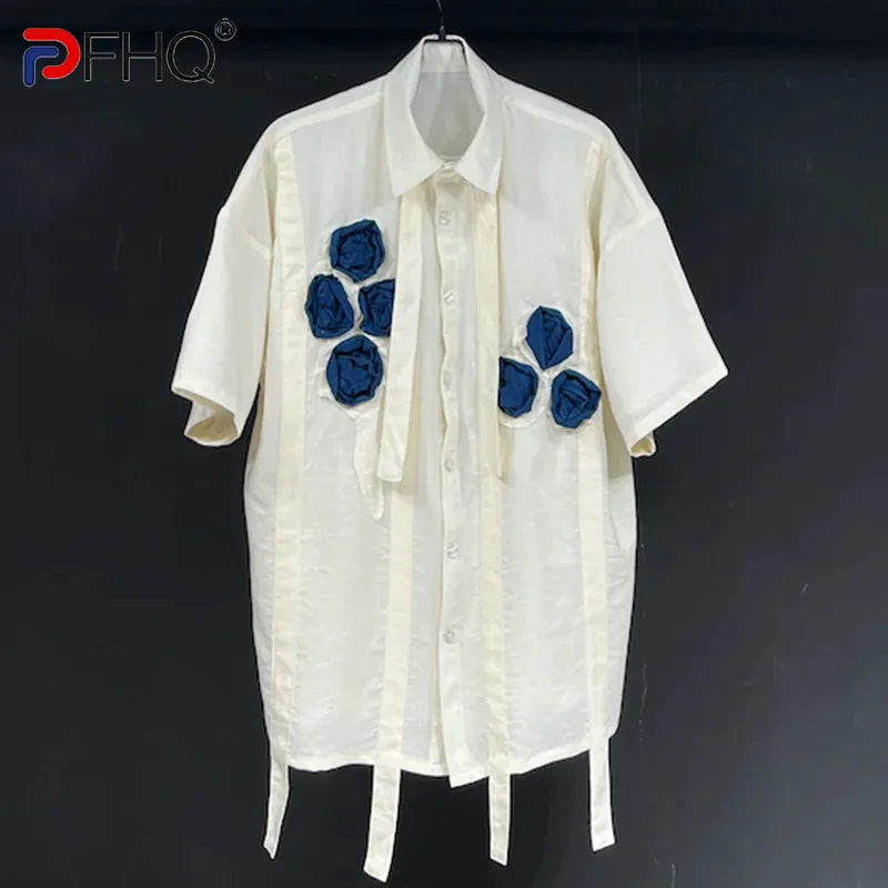 

PFHQ Men's Vintage Lapel Shirt Loose Fitting Short Sleeve Thin Handmade Floral Avant-garde Advanced Tops Summer Male New 21Z5000