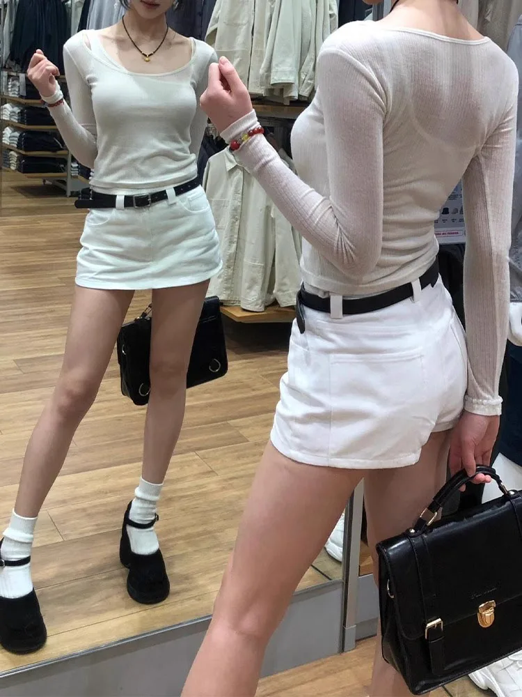 

White Denim A-Line Skirt Women's High Waist Slimming Versatile ort Skirt Autumn New Sle Small Size Body a