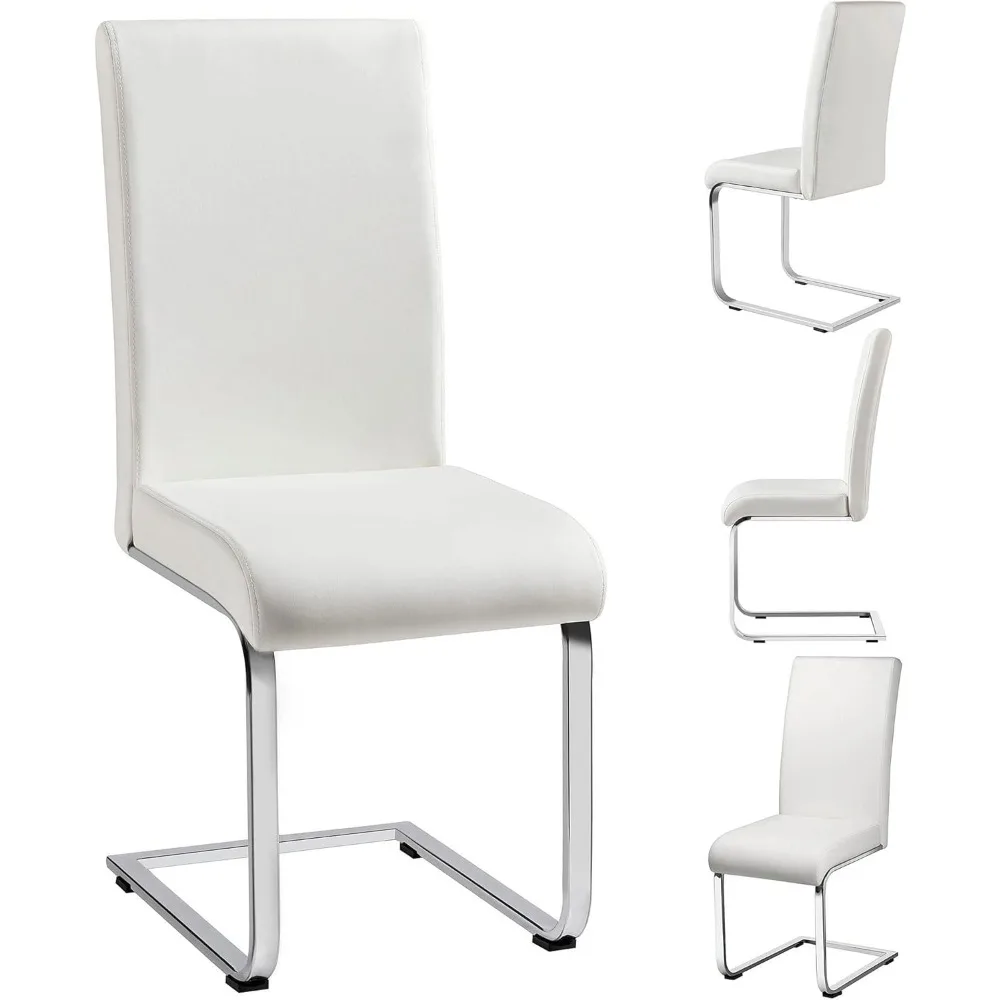 مجموعة كراسي تناول الطعام مكونة من 4 كراسي غرفة طعام منجدة من الجلد الصناعي الحديث مع ظهر مرتفع وأرجل كروم معدنية للمطبخ/الليفي