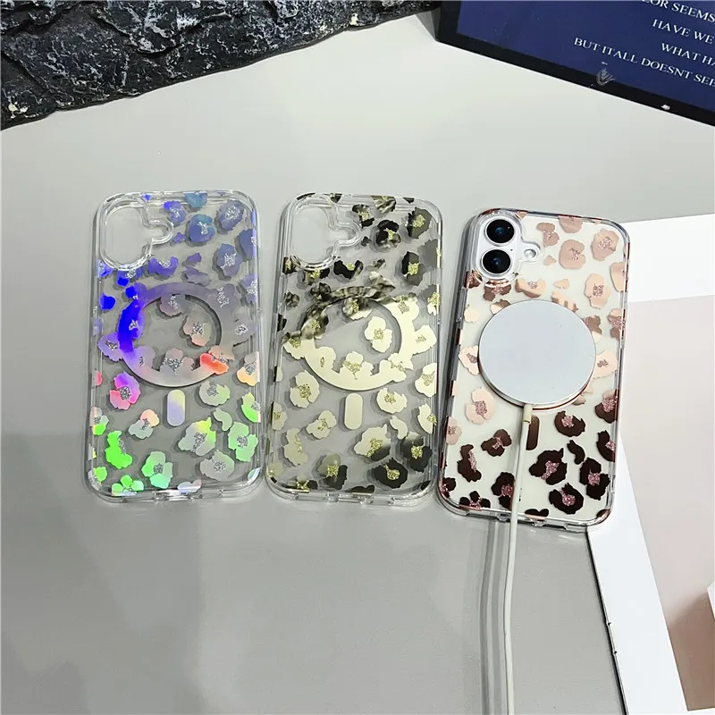 Laser-Leopardenmuster, Wellenpunkt-Handyhülle für iPhone 13, 14, 15, 16, Pro Max, Panther, Magsafe, magnetische kabellose Ladehülle