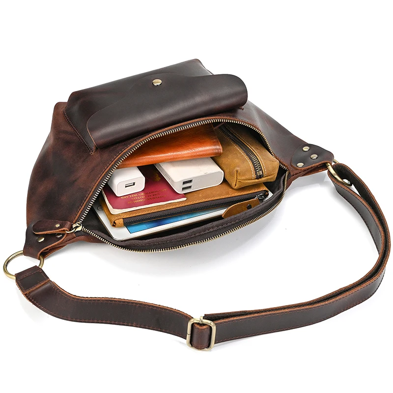 Designer Vintage Men\'s Chest Bag Leisure Cycling Crossbody Top Layer Leather Waist Bag for Male