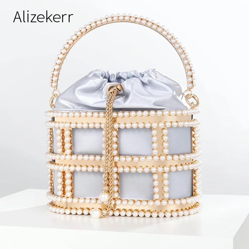 Gorgeous Pearl Metal Cage Evening Bags Women New Boutique Chic And Elegant Hollow Out Metallic Purses And Handbags Wedding Party