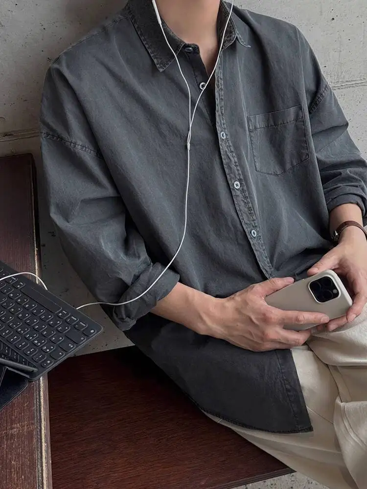 SYUHGFA 2026 printemps Niche Design hommes chemises col rabattu couleur unie Vinntage à manches longues simple boutonnage homme chemise hauts
